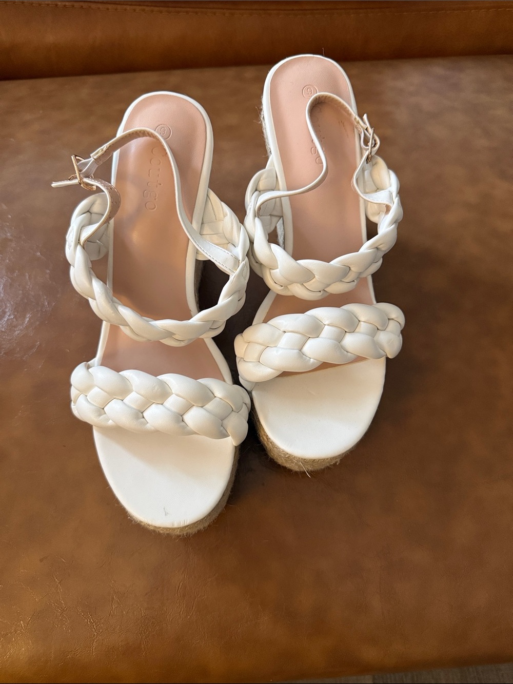 Braided White Wedge Espadrille Sandals with Ankle Strap